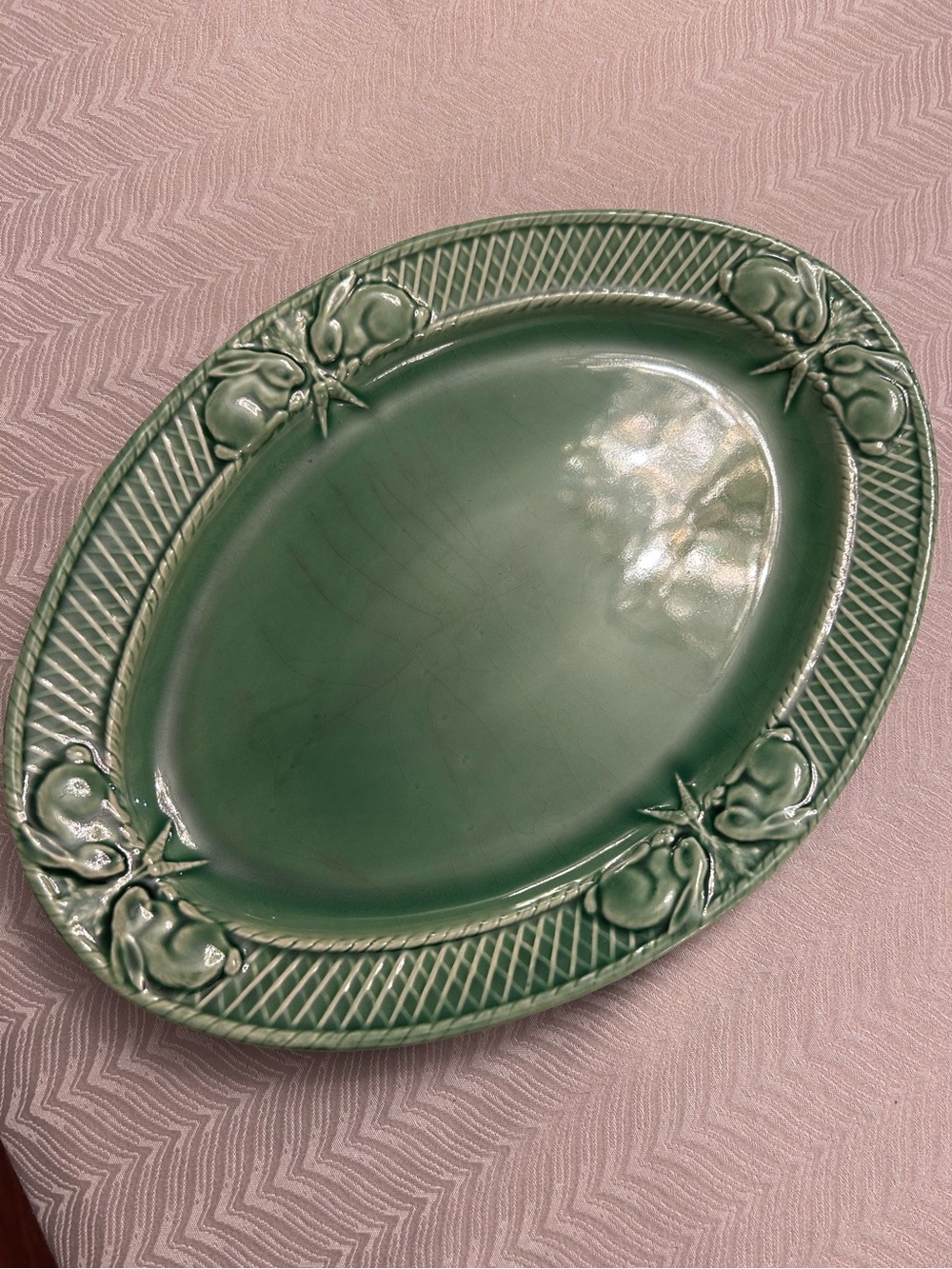 Bordello Pinheiro Rabbit Green Oval Serving Platter 15.5” Dish Portugal Pottery